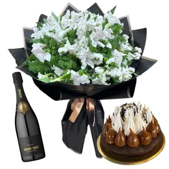 Ramo de flores astromelias blancas con torta y espumante